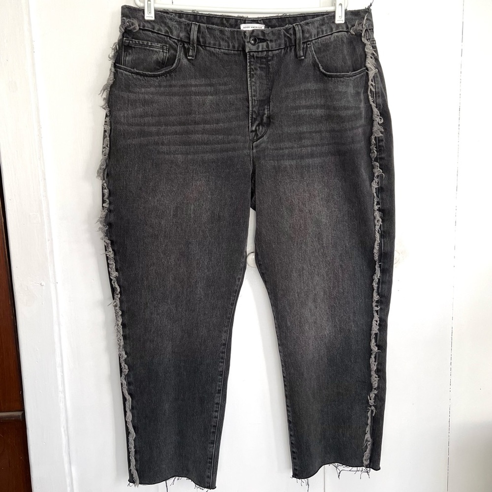Good American Good Boy Frayed Outseam Straight Leg Jeans Black Gray - 16 / 33